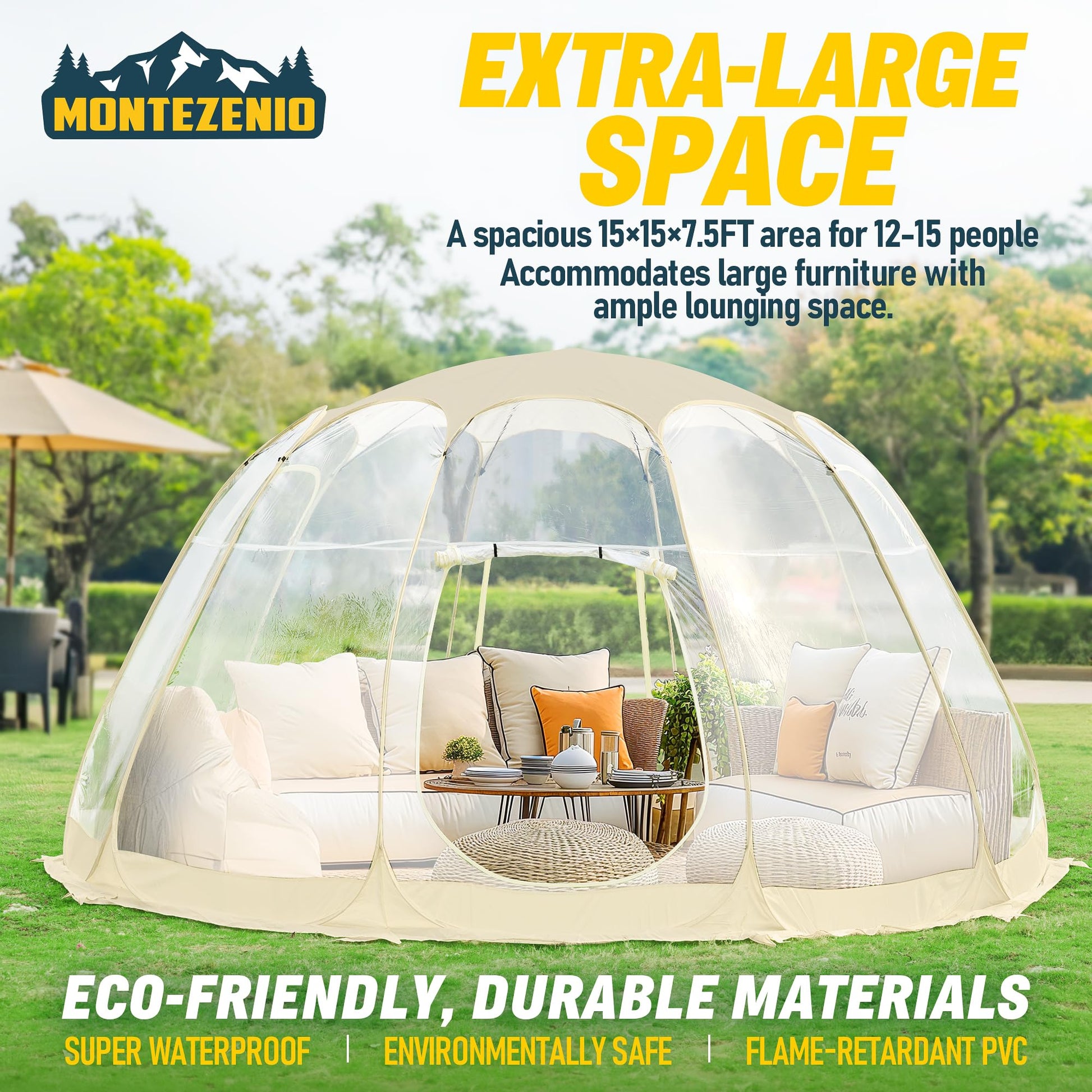 Pop Up Bubble Tent, 15'x15' Outdoor Clear Dome Transparent Tent for 12-15 People with Carry Bag, Weatherproof Pod Star Igloo Tent with Carry Bag, Screen House Camping Tent for Patio, Backyard - WoodArtSupply