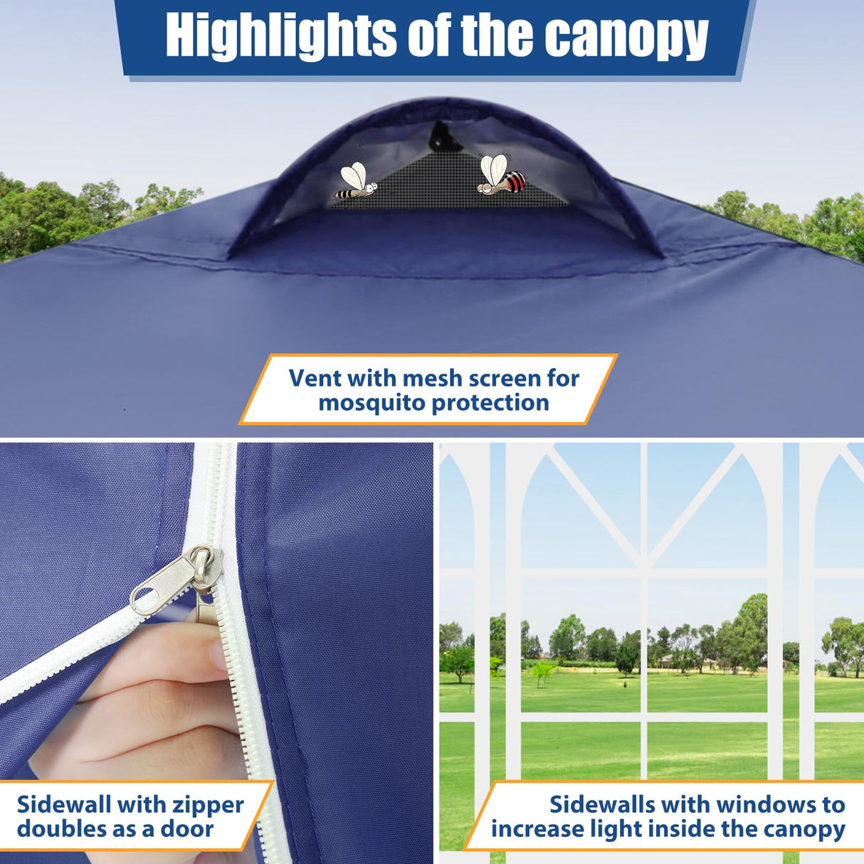 COBIZI 10x10 Pop Up Canopy Tent with 4 Sidewalls, UPF 50+Waterproof Outdoor Canopy with Air Vent, Instant Portable Camping Canopies Gazebo for Commercial Sun Shade Party, 4 Sandbags(Dark Blue) COBIZI