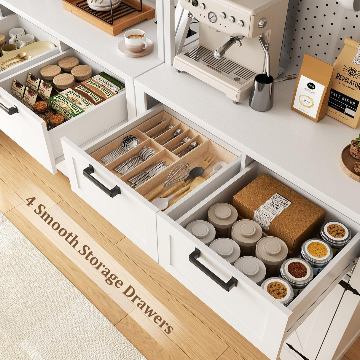 Unikito 71" Tall Kitchen Pantry Storage Cabinet with LED Light & Outlet, 63" Wide Kitchen Hutch Cabinet with Large Countertop, DIY Pegboard and Drawers, Farmhouse Food Pantry for Living Room, White Unikito