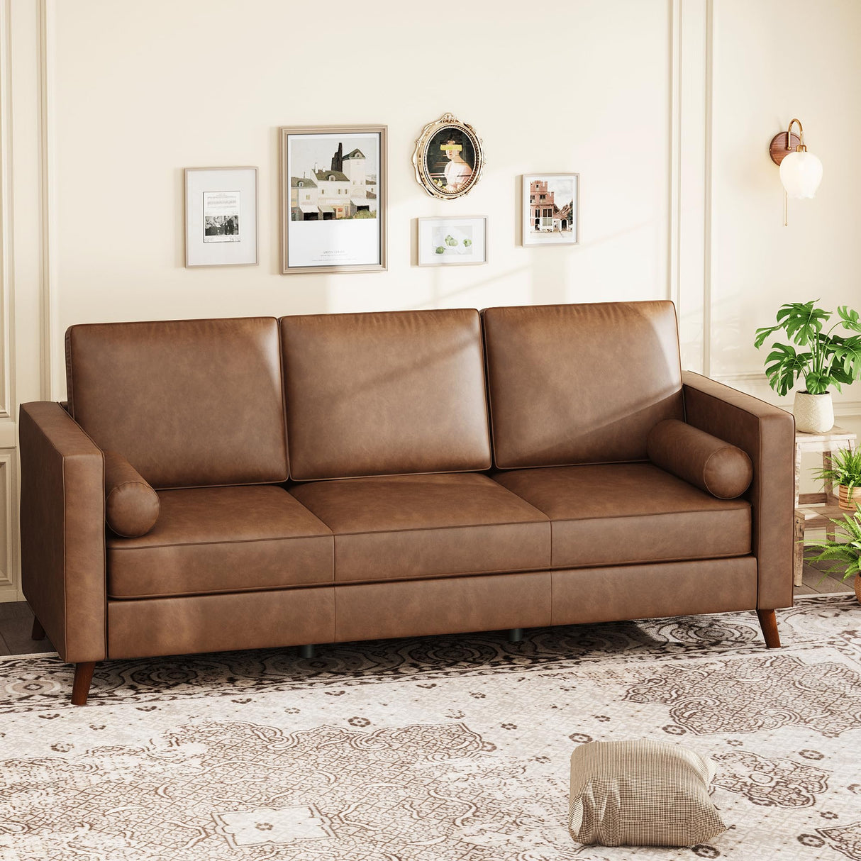 81" Faux Leather Sofa, Mid Century Modern Deep Seat Couch, Upholstered Cushion&Removable Cover, Brown PU Couch, 3 Seat Sofa for Living Room, Office, Brown IDEALHOUSE