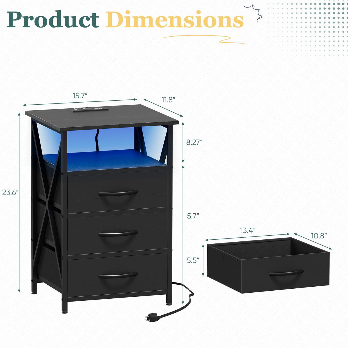 Furmax End Table, LED Nightstand Set of 2 with Charging Station and 3 Wooden Panel Fabric Drawers, 3-Tier Side Table with USB Ports and Outlets, for Bedroom, Living Room, Black Furmax