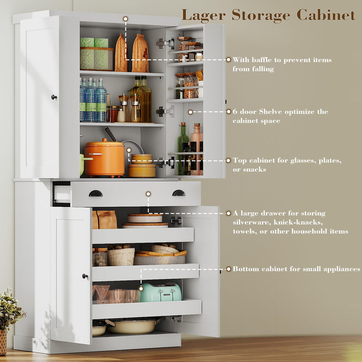IRONCK Kitchen Pantry Cabinet with Sliding Storage Rack and 6 Hanging Shelves, 72" Height Tall Freestanding Cupboard for Living Room, Dining Room, Laundry, White IRONCK