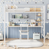 GarveeHome Loft Bed Twin Size with Large Desk and 2-Tier Storage Shelves, Heavy Duty Metal Loft Bed with Ladder and Guardrail for Kids and Adults, Steel Slats Support, Space Saving, White and Brown GarveeHome