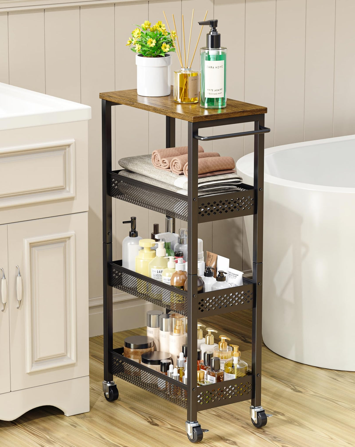 OKZEST Utility Slim Storage Cart, 4-Tier Narrow Bathroom Organizer and Storage Cart, Metal Narrow Kitchen Laundry Room Organization Rack with Wood Top, Slim Rolling Shelf with Wheels for Small Space OKZEST