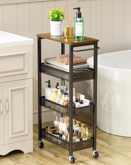 OKZEST Utility Slim Storage Cart, 4-Tier Narrow Bathroom Organizer and Storage Cart, Metal Narrow Kitchen Laundry Room Organization Rack with Wood Top, Slim Rolling Shelf with Wheels for Small Space OKZEST