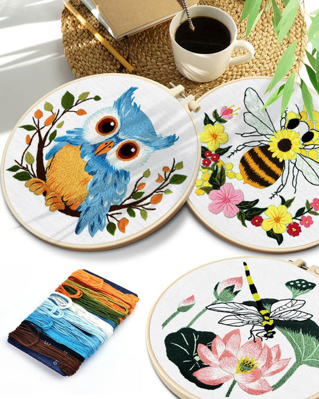 TINDTOP 5 Sets Embroidery Kit for Beginners Adult, Embroidery Kit for Beginners Include Embroidery Cloth Hoops Threads for Craft Lover Hand Stitch with Embroidery Skill Techniques TINDTOP