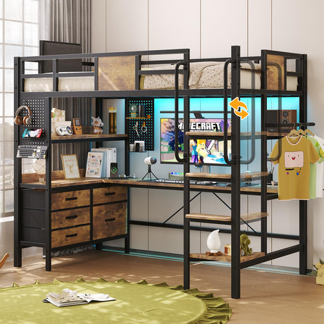 busyaeh Loft Bed with Desk, Twin Size Bunk Bed with Desk Underneath, with RGB LED Lights and Charging Station, Loft Bed with Storage Drawer Cabinets, Twin Max Load-Bearing Weight 400lbs, Vintage Brown busyaeh