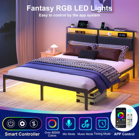 J.Fkne Queen Bed Frame with LED Lights & Charging Station, Metal Platform Bed Frame with 2 Tier Storage Headboard, Under Bed Storage, No Box Spring Needed, Noise Free, Easy Assembly J.Fkne