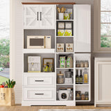 IRONCK Farmhouse Kitchen Pantry Cabinet, Kitchen Hutch Cabinet with Microwave Stand, Tall Food Pantry Cabinet with Storage Drawers and Adjustable Shelf for Kitchen, Dining Room, White IRONCK