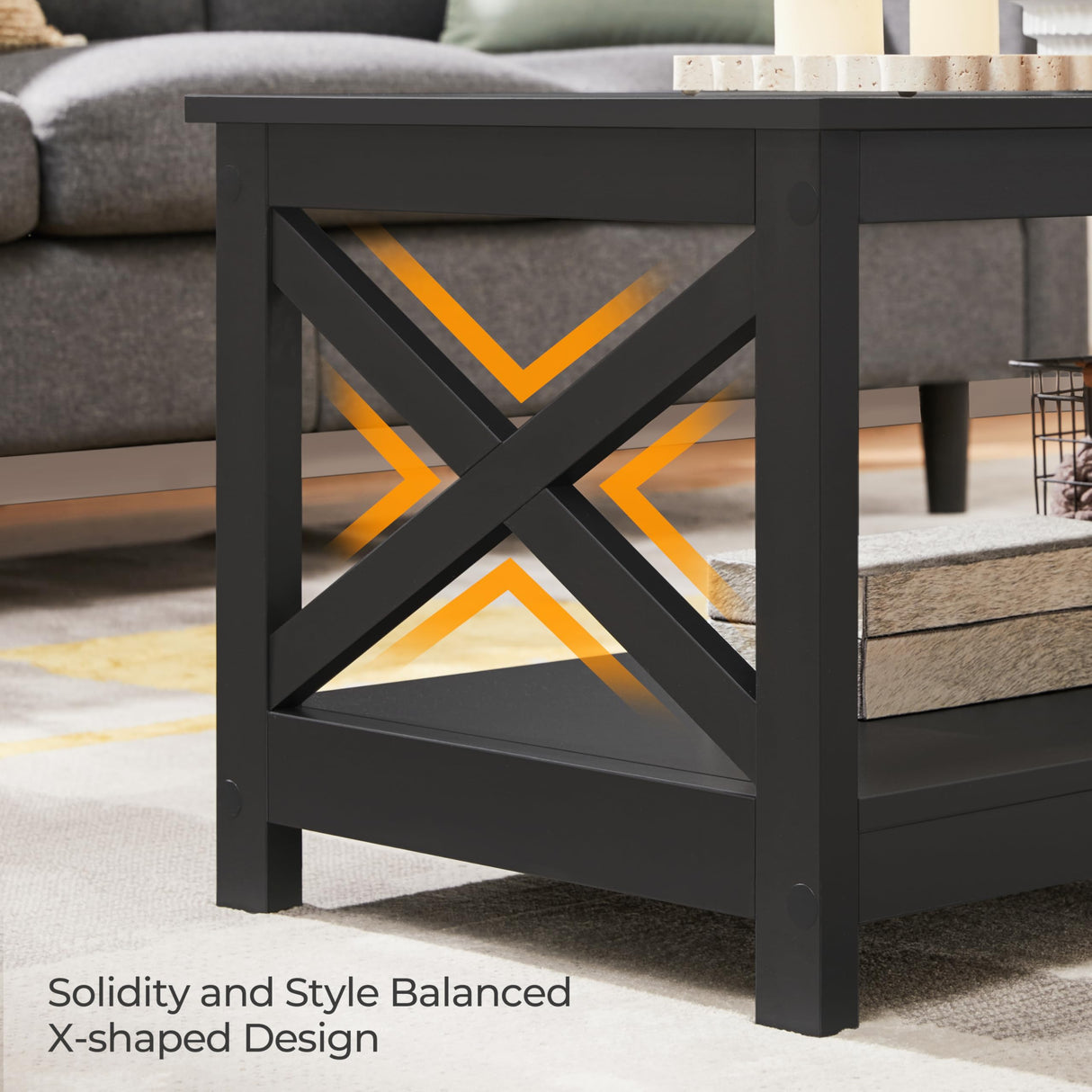 Yaheetech Wood 2-Tier Black Coffee Table with Storage Shelf for Living Room, X Design Accent Cocktail Table, Easy Assembly Home Furniture, 39.5 x 21.5 x 18 Inches Yaheetech