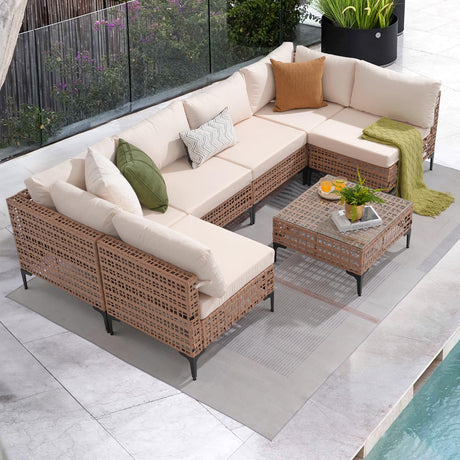Patiorama 7 Piece Wicker Patio Furniture Set, Natural-Colored PE Rattan Outdoor Conversation Set Sectional Sofa with Water Resistant Cushion and Glass Table, Outdoor Couch, Porch, Backyard-White Patiorama