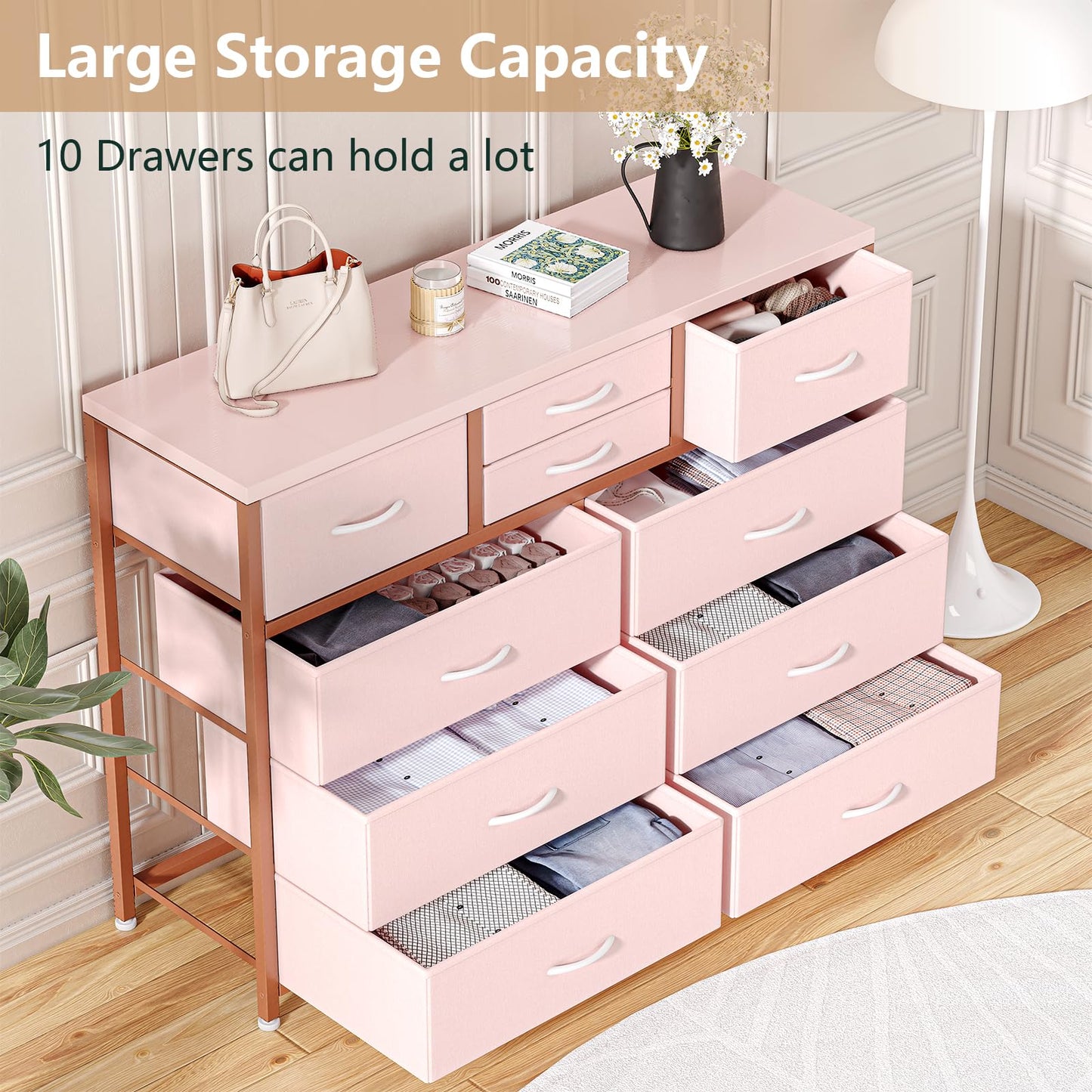 Jojoka Wide 10 Drawer Dresser,TV Stand Entertainment Center Fabric Storage Dressers Drawers for Bedroom, Hallway, Nursery, Closets, Steel Frame, Wood Top (Pink)