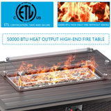 Gotland 10 Pieces Outdoor Patio Furniture Set with 2 Swivel Rocking Chairs&55,000 BTU Gas Fire Pit Table w/Glass Wind Guard Patio Conversation Sectional Sofa Sets-Khaki Gotland