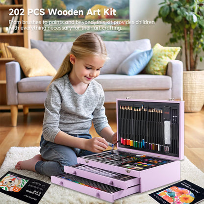 Shuttle Art Deluxe Gift Art Kit, 202-Piece Wooden Art Supplies Set with 4 Drawing Pads, Canvases, Coloring Sheets, Acrylic Paint, Crayons, Oil Pastels, Colored Pencils for Kids, Artists, Beginners