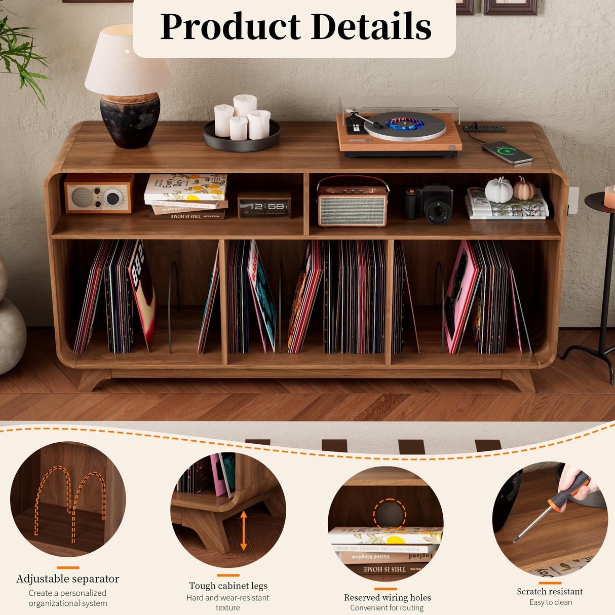 Boweniog Record Player Stand with Vinyl Storage Cabinet with Charging Station & USB Ports, Turntable Stand Table Holds Up to 350 Albums, Curved Vinyl Record Cabinet for Living Room (Walnut, 55-inch) Boweniog