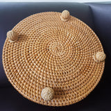 i-lan 12.5 Inch Round Rattan Serving Basket-Round Woven Bread, Fruit, Keys Bowl Pedestal Stand with 1”Side, Flat Wicker Decorative Snack Basket Trays for Candy Dish, Rustic Platter, Display Riser i-lan