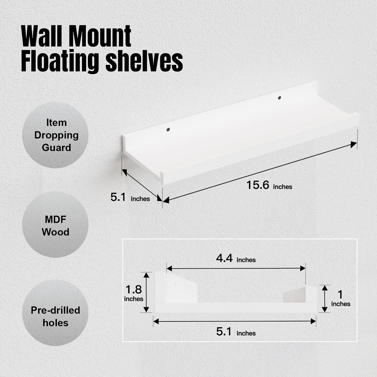 RICHER HOUSE 5 Set White Floating Shelves, Wall Mounted Shelves for Wall Decor, Modern Picture Ledge Shelf with Lip for Wall Storage Nursery, Bedroom, Living Room, Bathroom - White RICHER HOUSE