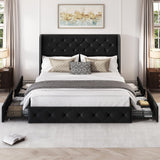 LARMACE Queen Size Bed Frame with 4 Storage Drawers and Wingback Headboard Upholstered Platform Beds Velvet Tufted Bed Frame with Wooden Slats Support, Easy Assembly, Black LARMACE