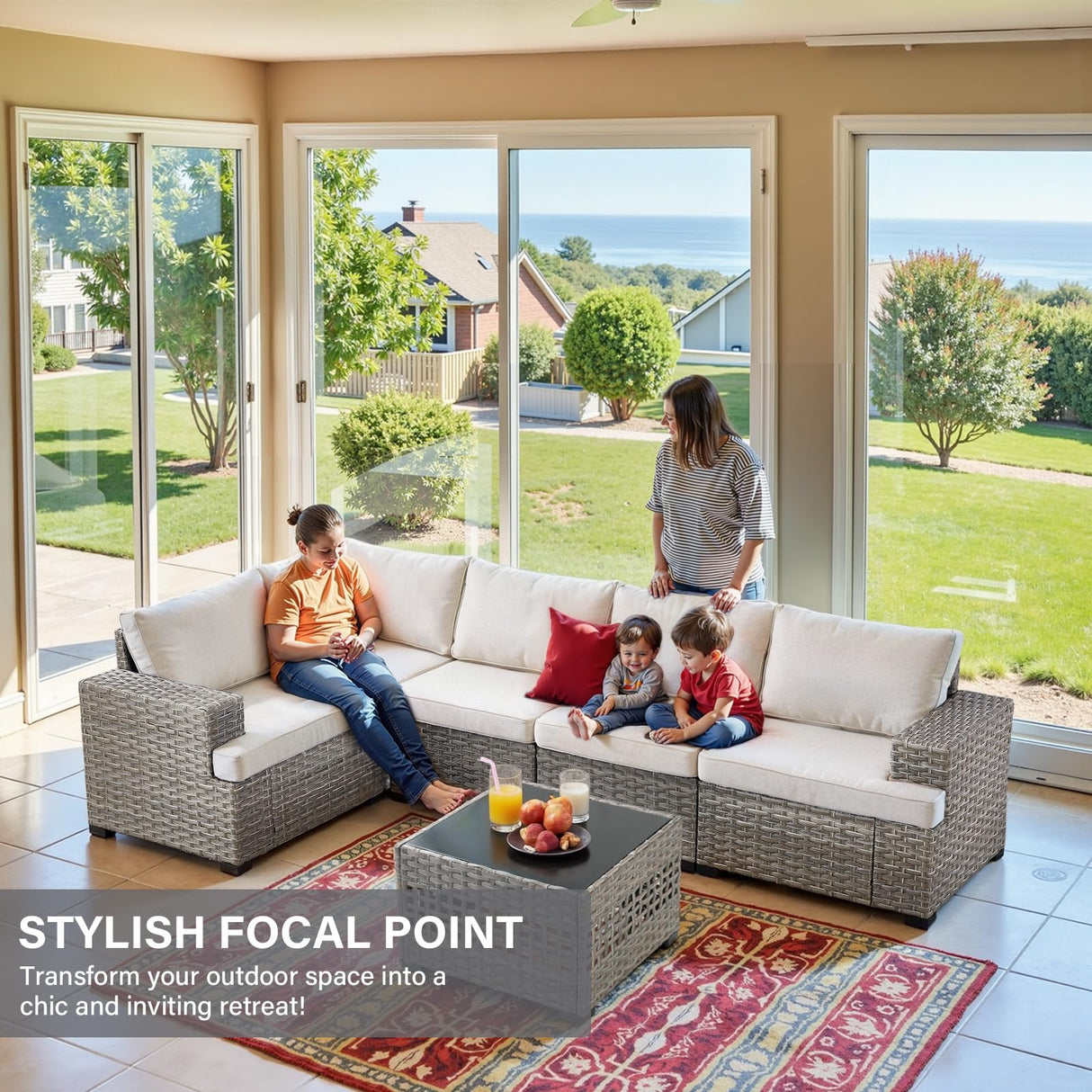 Belord 6 Piece Wicker Patio Furniture Set - 10" Wide Armrests Outdoor Sectional Couch, 5-Seater Modular Patio Conversation Set with Glass Coffee Table for Deck Backyard Sunroom Belord