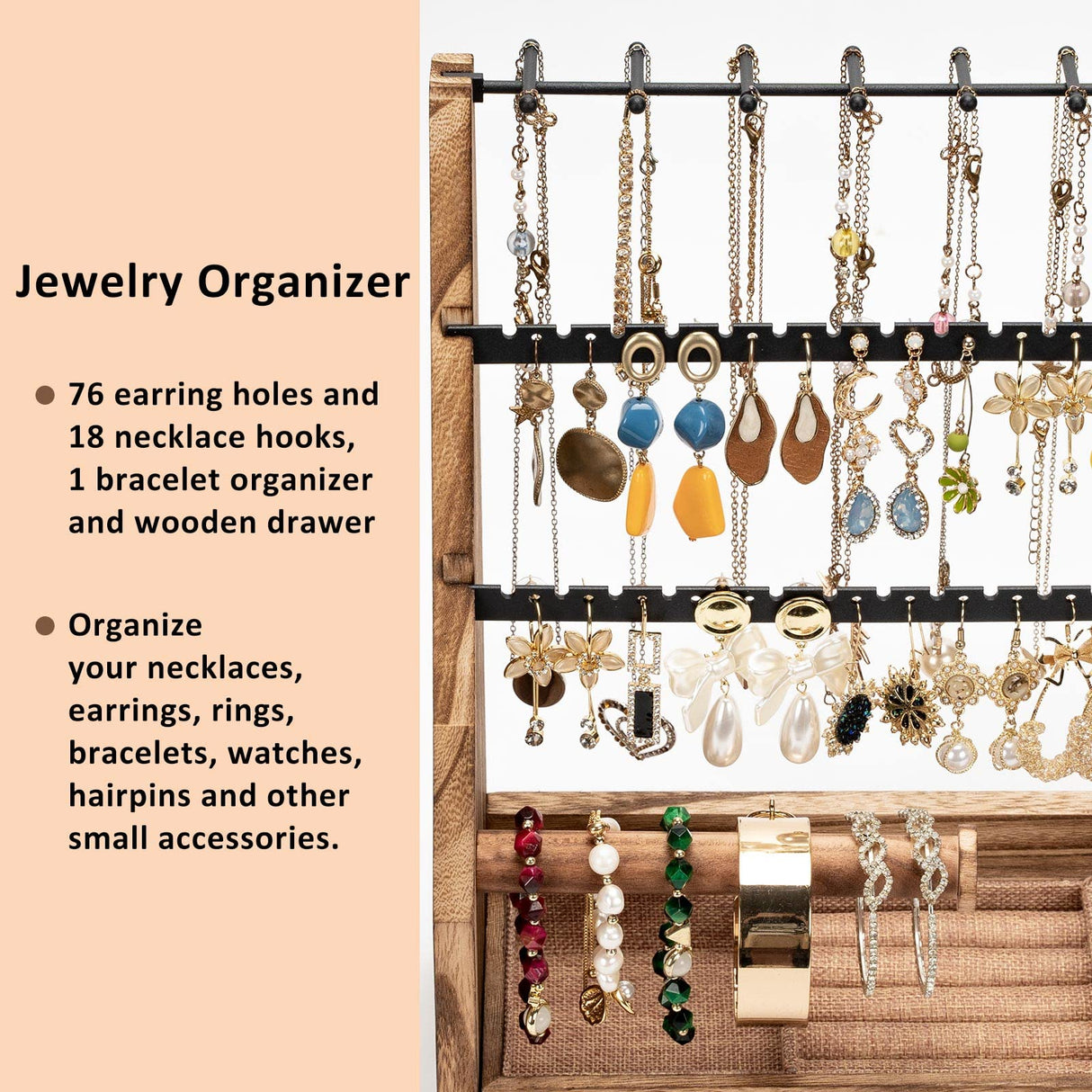 DGWJSU Jewelry Organizer Stand, 5 Layer Earring Holder Organizer with Necklace Holder, Rustic Wood Earring Organizer Display for Stud Earring Bracelet Necklace Ring, Watches DGWJSU
