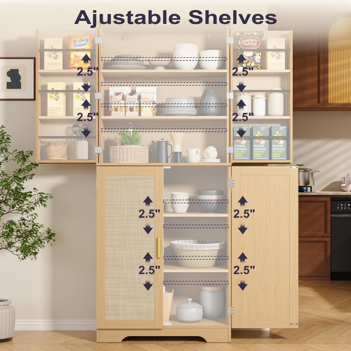 Furnify 72" Tall Kitchen Pantry with Rattan Doors, Storage Cabinet with Organizer, Adjustable Shelves, Wood Freestanding Cupboard for Kitchen, Dining Room, Bathroom and Hallway, Natural Oak Furnify