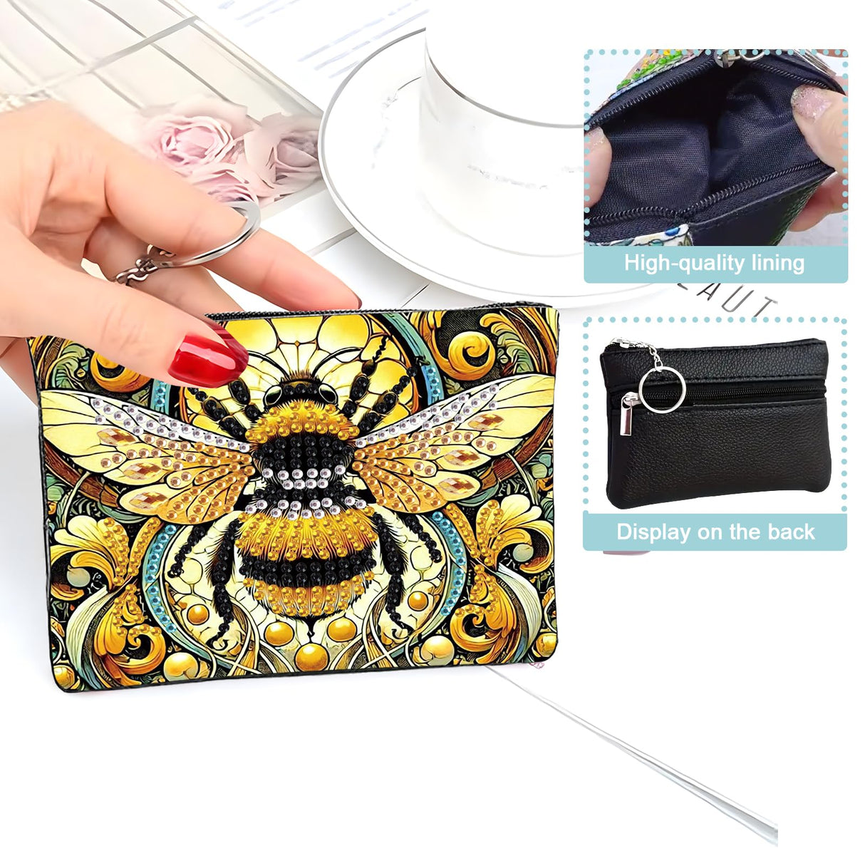 JZHYOAN Diamond Painting Small Coin Purse for Women DIY Coin Pouch Coin Purse with Zipper and Keyring Diamond Art Purses and Wallets Handbags Wallet Keychain for Cards Keys Bee JZHYOAN