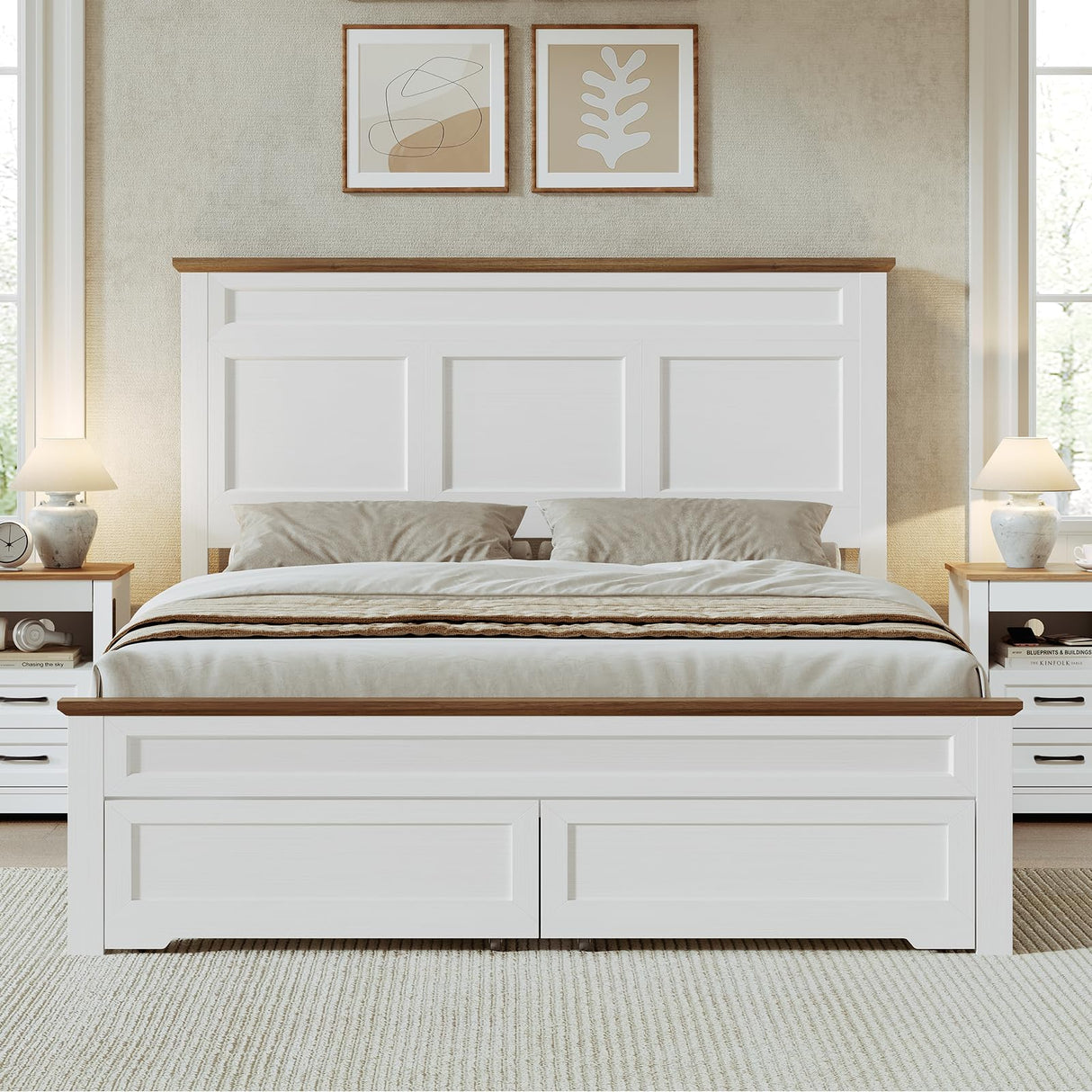 RALGEND Farmhouse Full Size Bed Frame with 51.2" Tall Headboard & Footboard, Wooden Platform Bed Frame with Large Storage Drawers, No Squeak, No Box Spring Needed, White and Walnut RALGEND