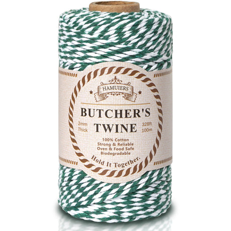 Cotton Twine String, 328 Feet Green & White - Christmas Twine for Gift Wrapping, Crafts, Baking, Butchers, Holiday Decorations, DIY, Kitchen & Gardening HAMUIERS