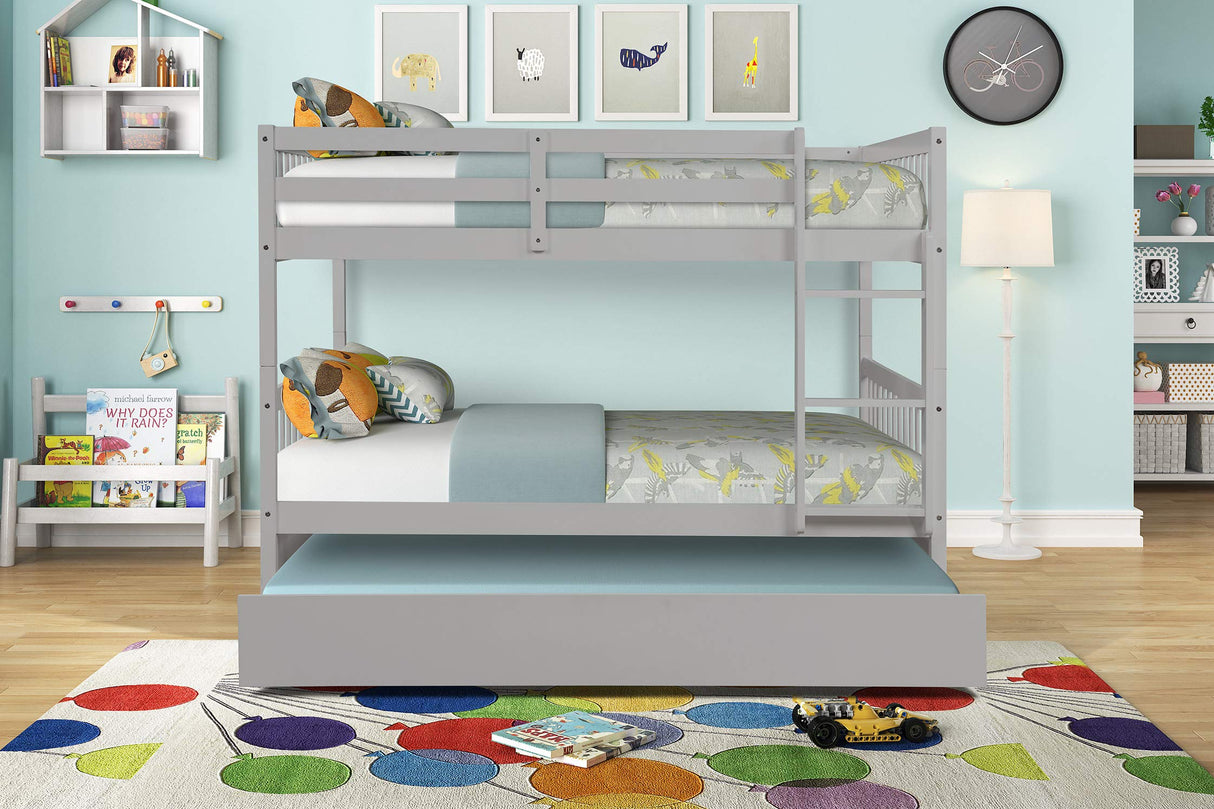 WIILAYOK Full Over Full Bunk Bed with Trundle, Convertible to 2 Full Size Platform Bed, Full Size Bunk Bed with Ladder and Safety Rails for Teens, Adults, Grey WIILAYOK