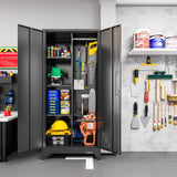 RGGCABINET Metal Storage Cabinet, Black Broom Storage Cabinets with Doors and Shelves, Tall Garage Tool Cabinet, Lockable Cleaning Closet Storage Cabinet for Home, Office, Laundry Room, Warehouses RGGCABINET