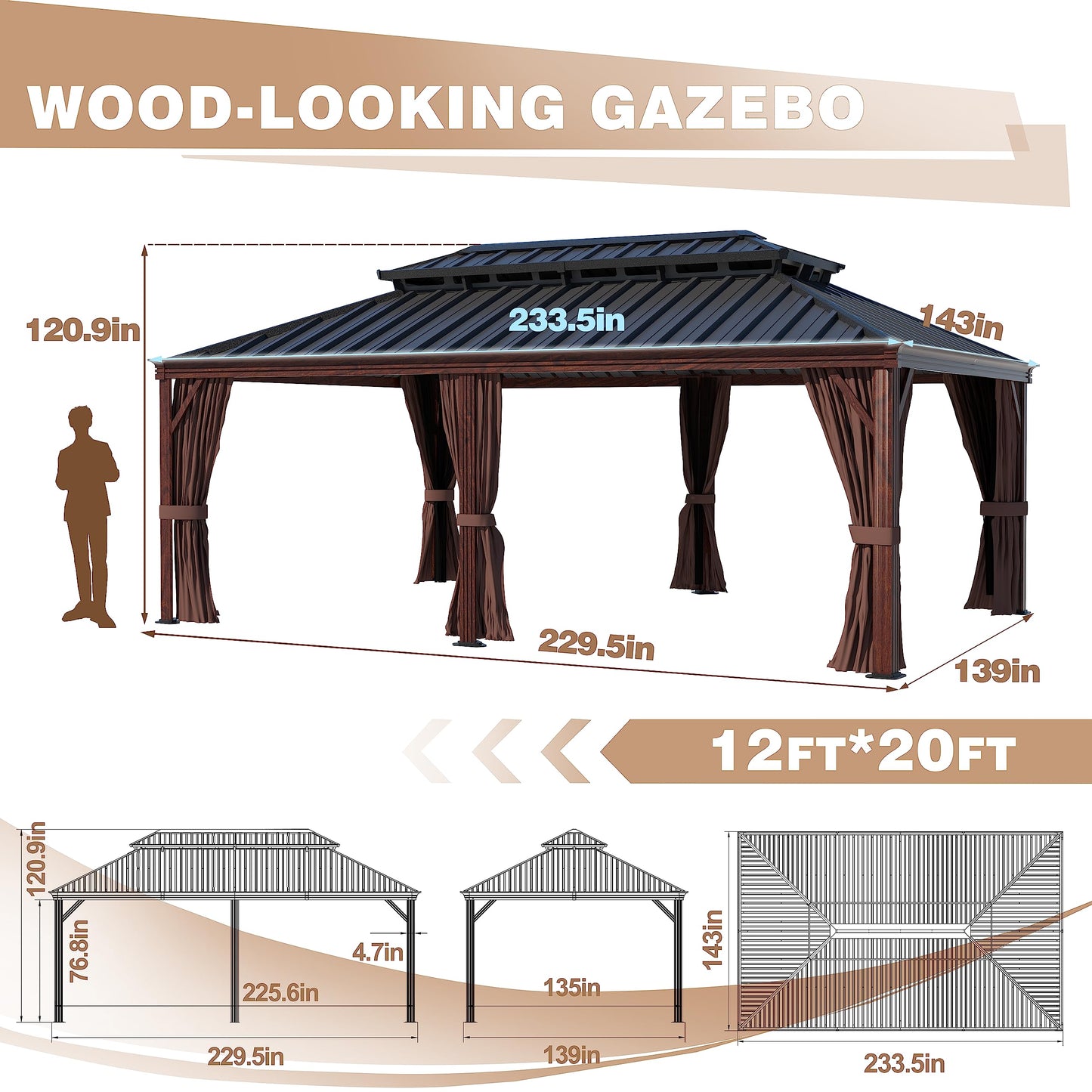 MUPATER 12 x 20 FT Gazebo, Wooden Finish Coated Aluminum Frame, with Double Galvanized Steel Hardtop Roof, Netting and Curtains for Garden, Patio Lawn and Parties - WoodArtSupply