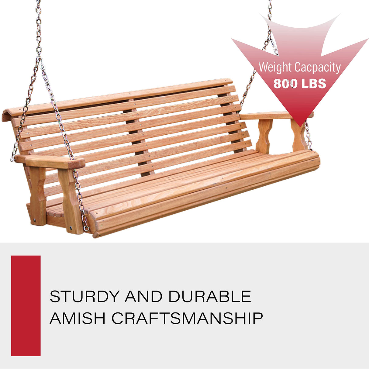 Amish Casual Heavy Duty 800 Lb Roll Back Treated Porch Swing with Hanging Chains (4 Foot, Cedar Stain) Amish Casual