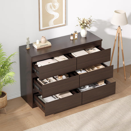 Simply Modern 6-Drawer Dresser, Chest of Drawers for Bedroom, Living Room, Hallway, and Entryway - Large Storage Cabinet with Smooth Metal Rails - Retro Brown Jocoevol