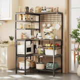 iabifo L-Shaped Bakers Rack with Power Outlet, 6-Tier Microwave Stand with Storage, Coffee Bar, Kitchen Shelf with Wire Basket, Hooks, Grey iabifo