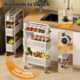 Slim Storage Cart 3 Tier with Pull Out Metal Basket Bathroom Organizer Rolling cart, Installation-Free Rolling Utility Cart Slide Out Organizer for Kitchen, Bathroom, Laundry (White, 3 Tier) CABTE