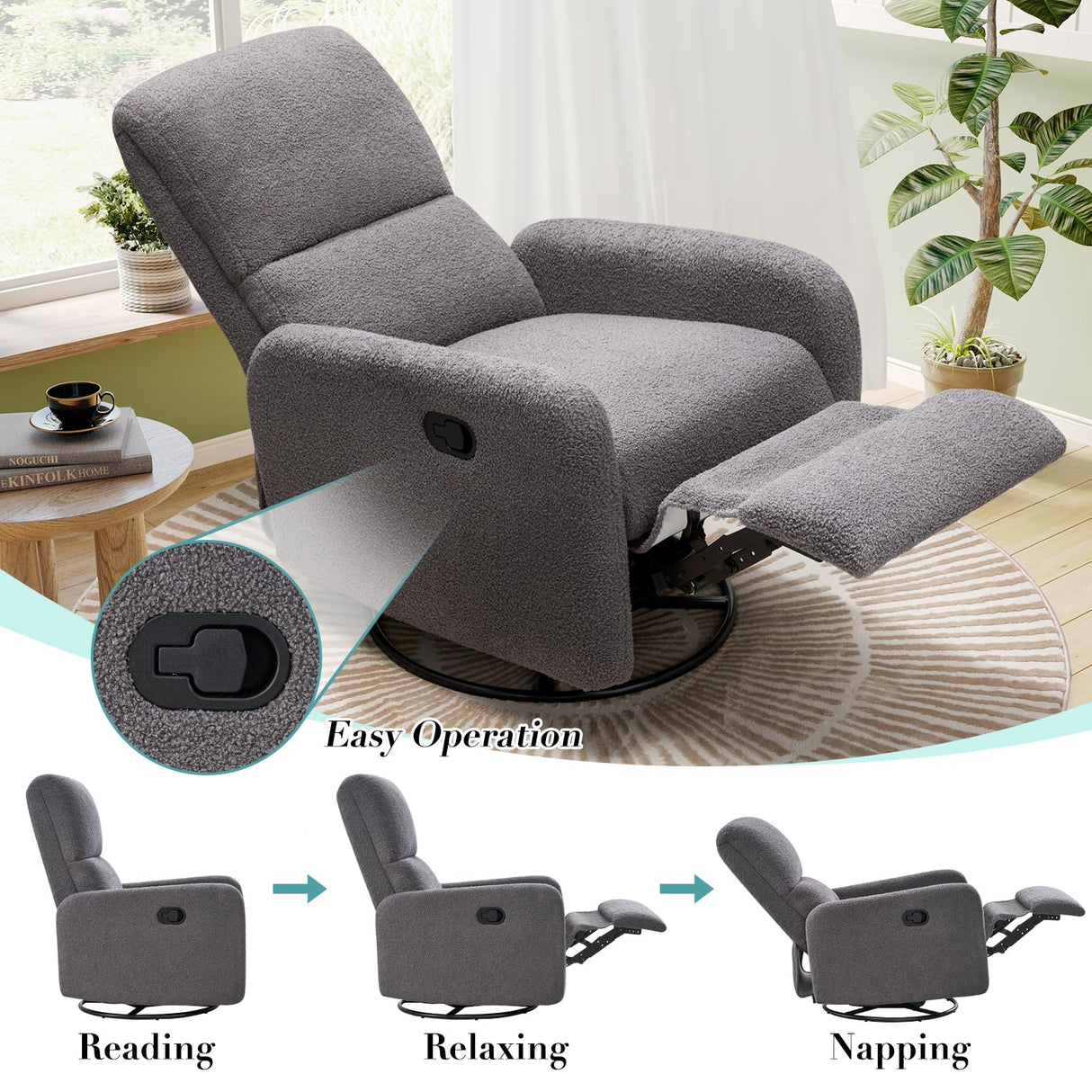 Jocisland Swivel Glider Rocking Recliner Chair for Adults, Nursery Rocker Reclining, Comfy Upholstered Single Sofa Armchair for Living Room Bedroom Nursing, Teddy Gray Jocisland