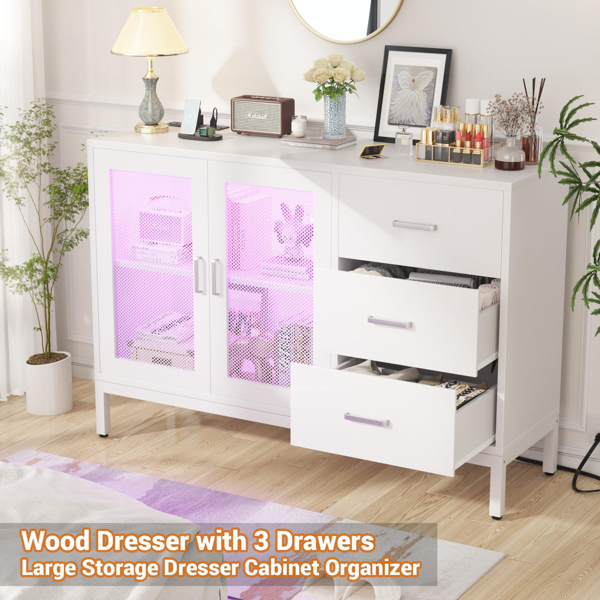 Aheaplus Sideboard Buffet Cabinet with 3 Wood Drawers, Storage Cabinet with Power Outlet, Coffee Bar Cabinet with LED light, 2 Doors, Modern Accent Cabinet Console Table for Kitchen Dining Room, White Aheaplus