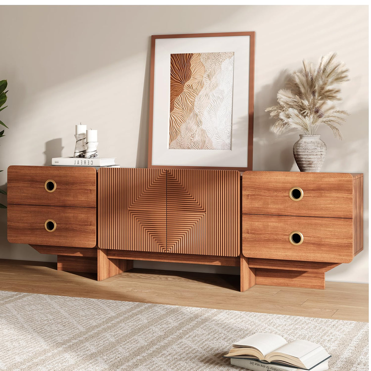 JOINICE TV Stand, Boho TV Stand for Living Room, Mid Century Modern TV Stand, Storage Cabinet and Entertainment Center, Modern TV Console Table for 75+ Inch TV(Cherry 66") JOINICE