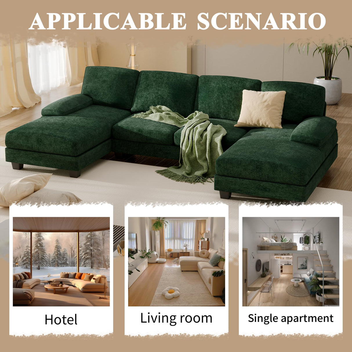 Furniwell Convertible Sectional Sofa Couch, 4 Seat Sofa Set for Living Room U-Shaped Modern Fabric Modular Sofa Sleeper with Double Chaise & Memory Foam (Fabric, Dark Green) Furniwell