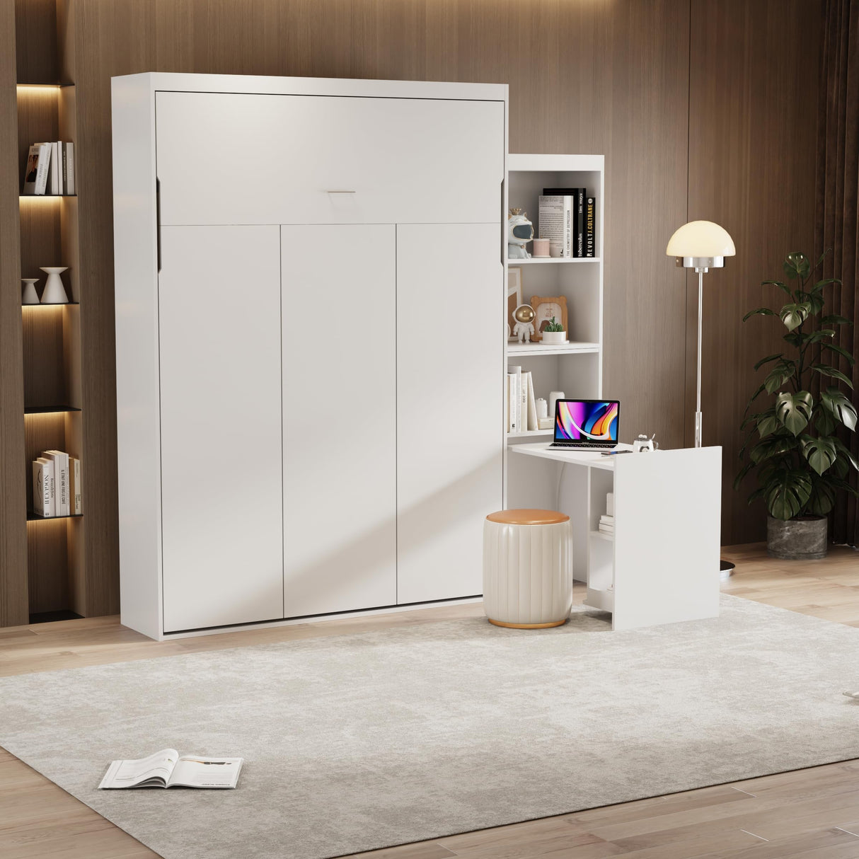 Queen Size Murphy Bed, Vertical Wall Bed with Fold-Out Desk and Storage Shelf, Morden Design Hidden Bed Frame Gas Struts, Space Saving(Not Including Mattress) Gahowlen