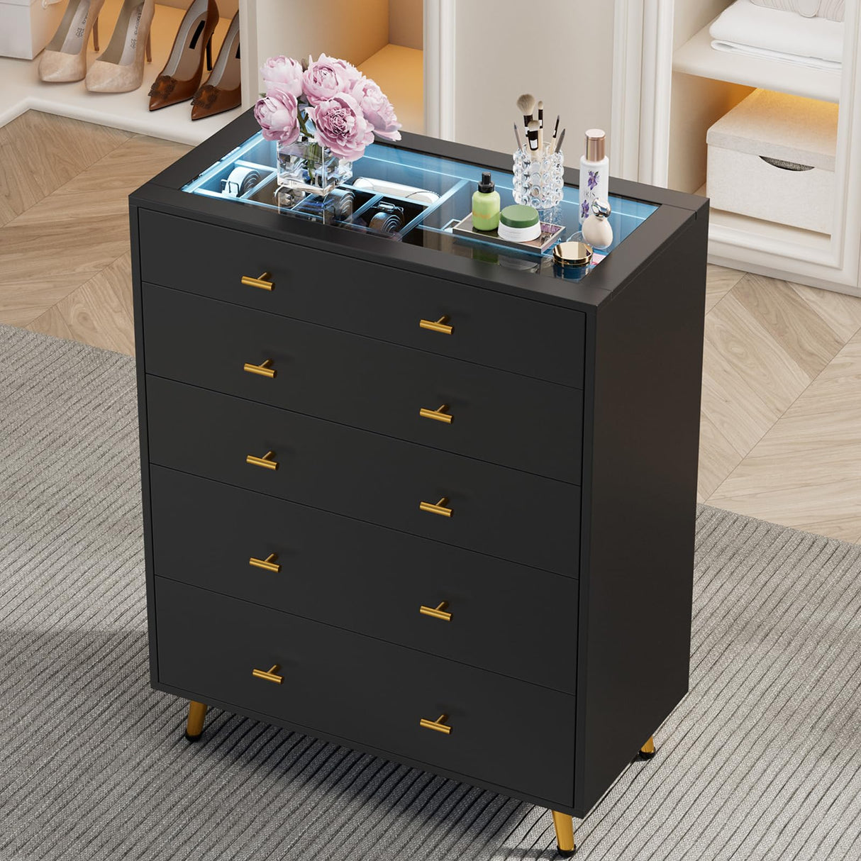 JanflyHome Drawer Dresser with LED Lights, 39" H Tall Tempered Glass Top Dresser, Modern Wood Chest of Drawers with Jewelry Organizer, Wardrobe Closet Island for Bedroom, Living Room, Black JanflyHome