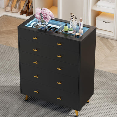 JanflyHome Drawer Dresser with LED Lights, 39" H Tall Tempered Glass Top Dresser, Modern Wood Chest of Drawers with Jewelry Organizer, Wardrobe Closet Island for Bedroom, Living Room, Black