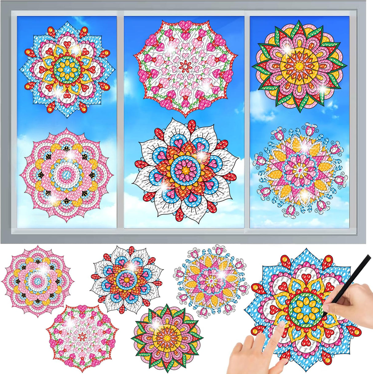 MEIEST 6 PCS Diamond Art Painting Kits for Suncatchers Mandala Art Stained Glass Window Clings, Mosaic Painting by Numbers,Window Film Static Clings 3D Decals,Art Craft Supplies (5) MEIEST