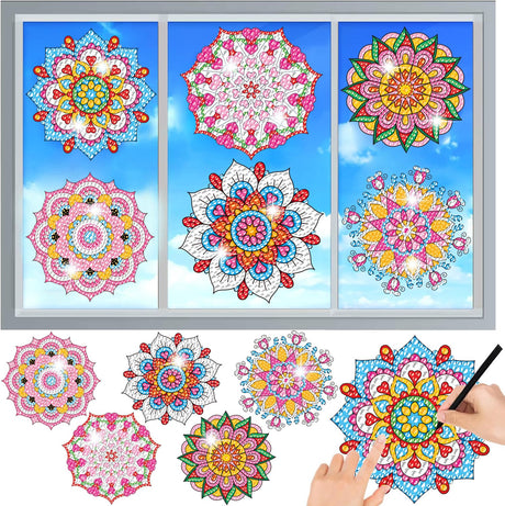 MEIEST 6 PCS Diamond Art Painting Kits for Suncatchers Mandala Art Stained Glass Window Clings, Mosaic Painting by Numbers,Window Film Static Clings 3D Decals,Art Craft Supplies (5) MEIEST