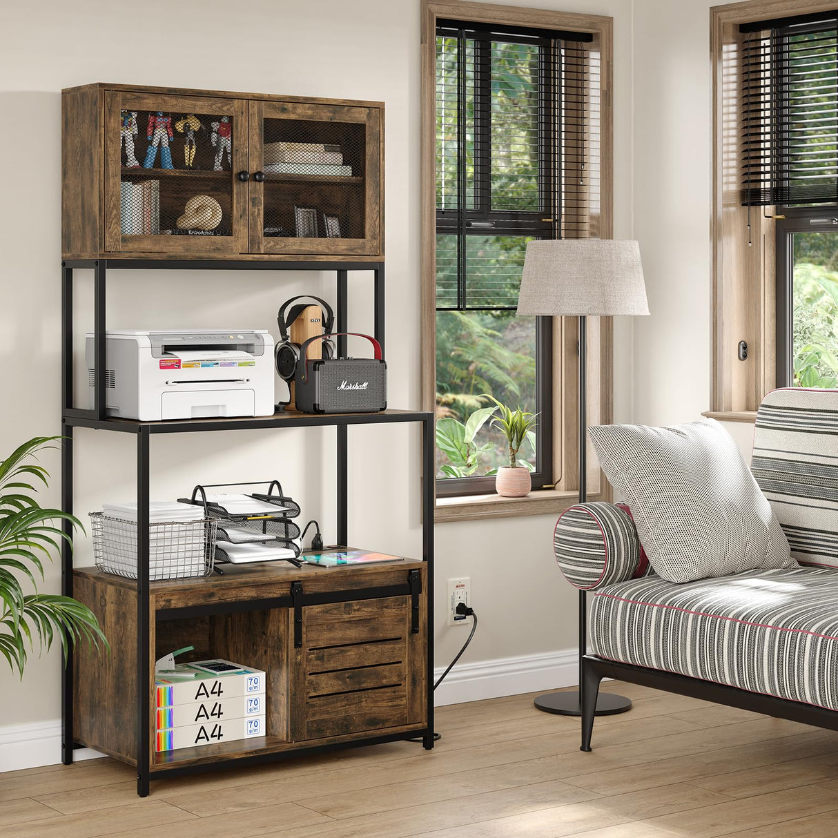 Furniouse 6-Tier Kitchen Bakers Rack with Power Outlet, Industrial Microwave Oven Stand with Shelves, Kitchen Utility Storage Shelf with Cabinet, Standing Storage Rack (Rustic Brown) Furniouse