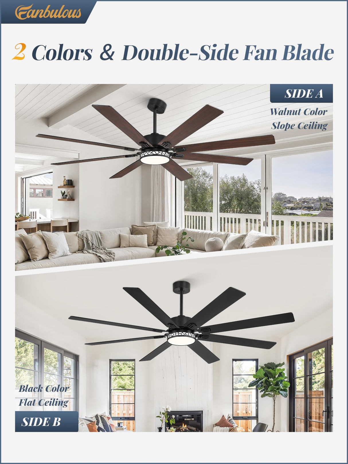 Fanbulous 72 Inch Large Ceiling Fans with Lights, Farmhouse Ceiling Fan with Light and Remote, Dual Finish 8 Blades, Reversible DC Motor,3 CCT, 6 Speed, Modern Ceiling Fan for Living Room Patio, Black Fanbulous