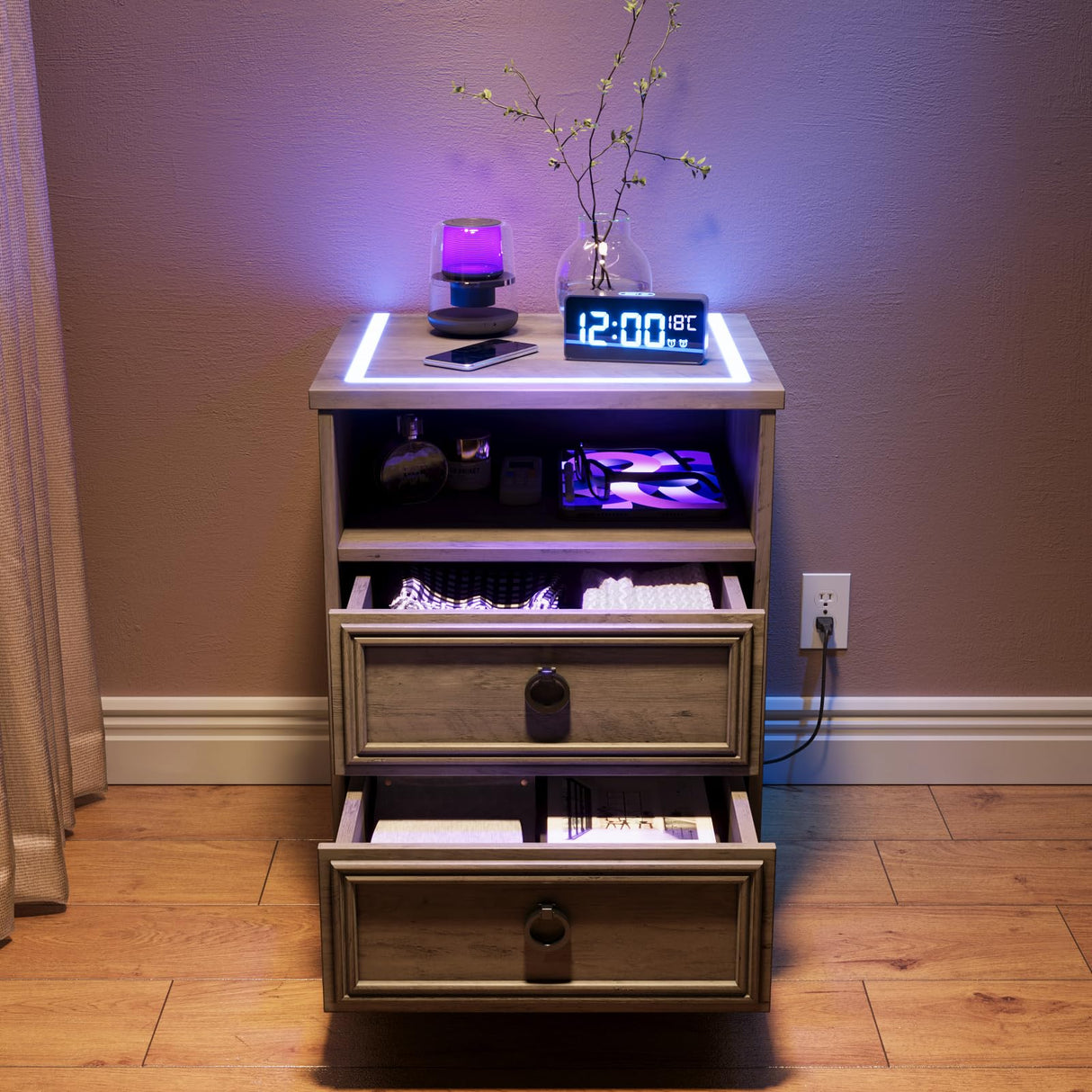 Nightstand with Strip Lights Set of 2, Night Stand with Drawers, Accent Bed Side Table and End Table with Open Storage for Bedroom, Living Room,Gray LGHM