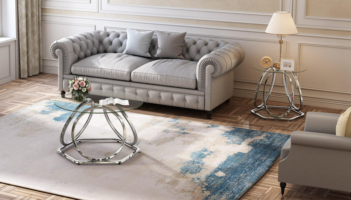 O&K FURNITURE Glass Coffee Table, Modern Silver Coffee Table Living Room Table with Hexagonal Base, Round Coffee Table for Home&Office, Chrome Finish, 1 PC O&K FURNITURE