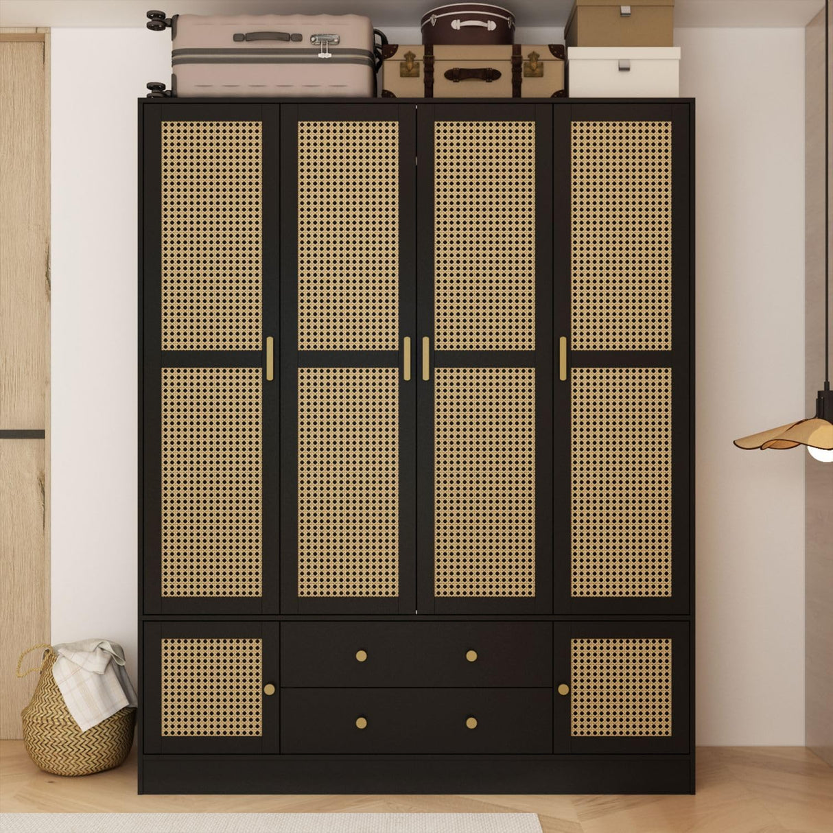 MOUMON 4 Door Rattan Wardrobe Armoire Closet with Hanging Rod and Drawers, Clothes Wardrobe with Rattan Doors, Rustic Wardrobe with Shelves for Bedroom, Black and Natural, 19.6”D x 63”W x 78.7”H MOUMON