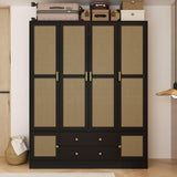MOUMON 4 Door Rattan Wardrobe Armoire Closet with Hanging Rod and Drawers, Clothes Wardrobe with Rattan Doors, Rustic Wardrobe with Shelves for Bedroom, Black and Natural, 19.6”D x 63”W x 78.7”H MOUMON
